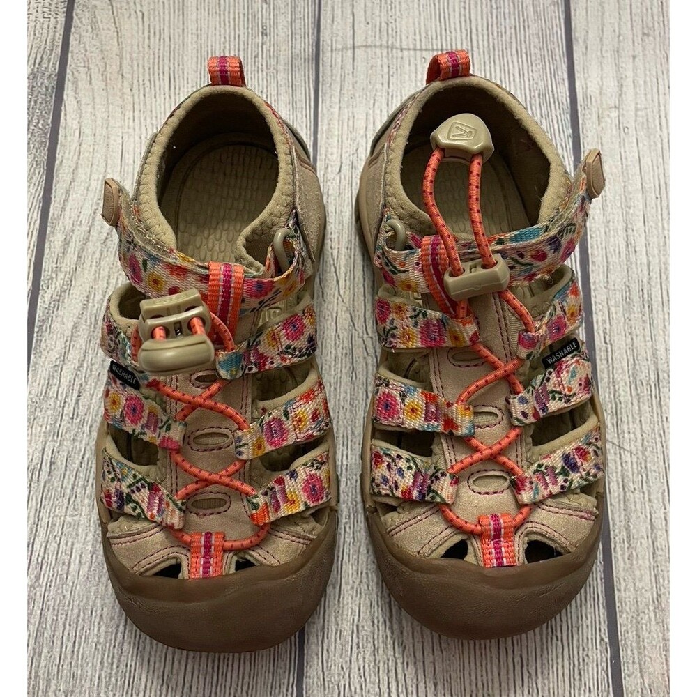 Tan Flowers Keens Keen Girl Water Shoes Hiking Sandals, Size Youth 12